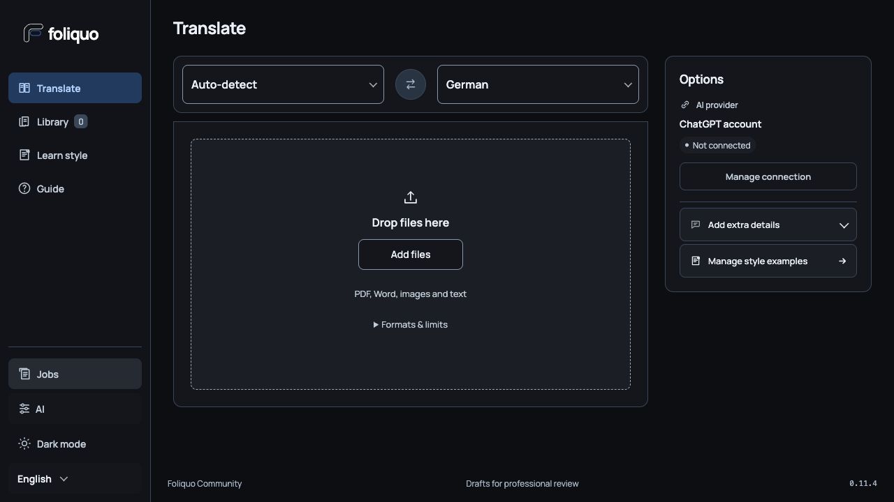 Foliquo Community workspace showing language controls, document upload and translation options